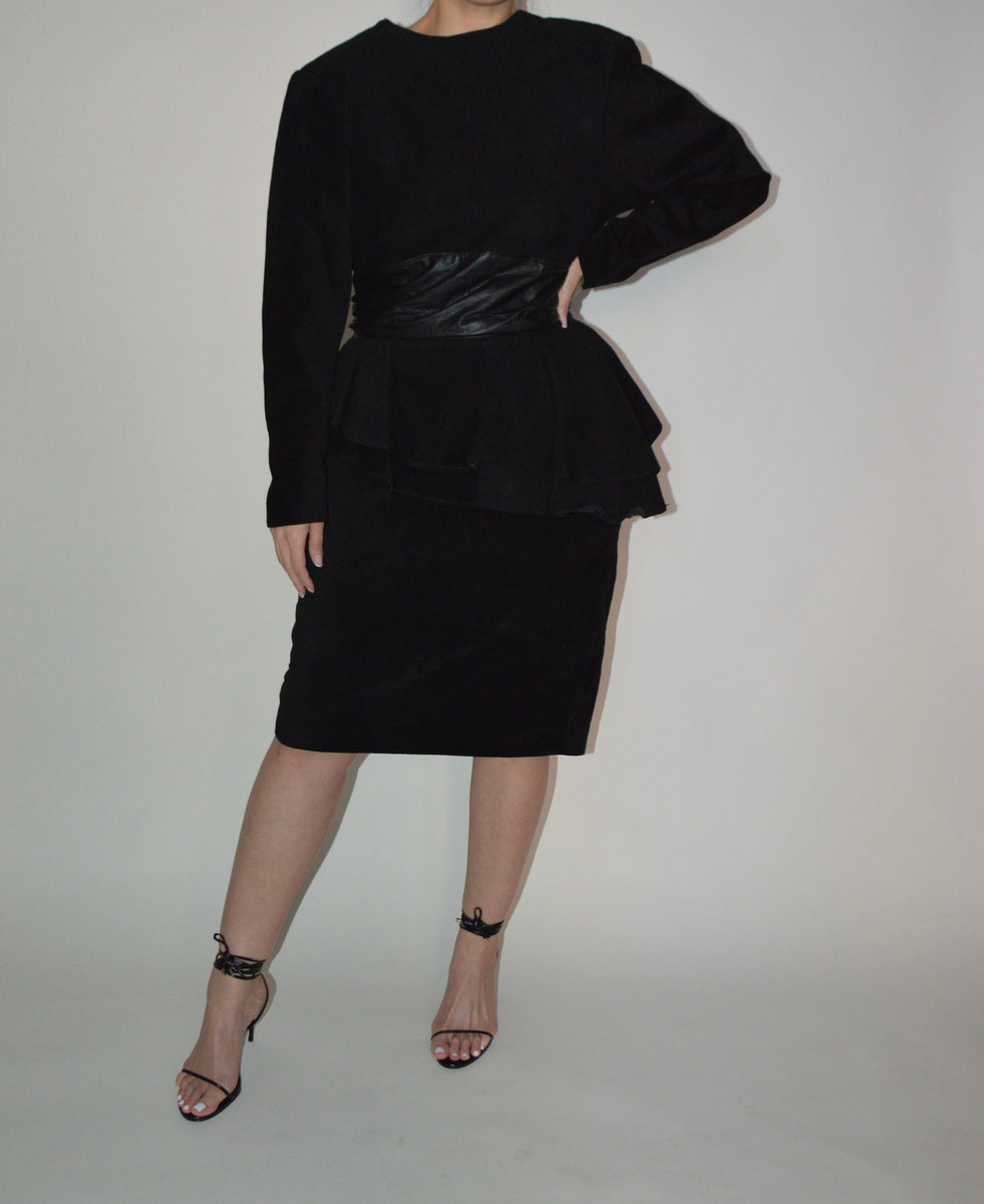 knee length dresses for ladies VINTAGE LONG SLEEVE SUEDE AND WITH LEATHER DETAIL MIDI PEPLUM DRESS