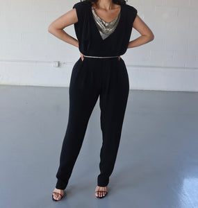VINTAGE BLACK SLEEVELESS JUMPSUIT - SIZE M