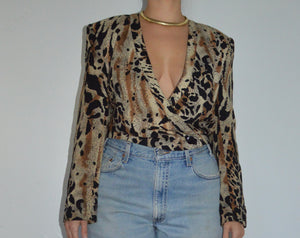 VINTAGE PRINTED WRAP SKIRT AND CROP LONG SLEEVE WRAP TOP SET - SIZE S