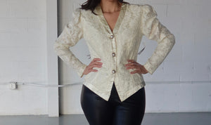 VINTAGE IVORY LACE PEPLUM V-NECK JACKET - SIZE M