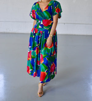 VINTAGE BOLD FLORAL PRINT CAP SLEEVE DRESS - SIZE M
