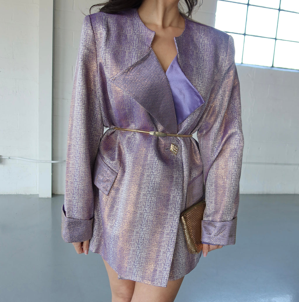 LAVENDER AND GOLD JACQUARD DOUBLE BREASTED BLAZER - SIZE XL