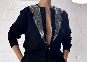 BLACK SWEATER w/ SILVER SEQUIN AND SINGLE BUTTON - Size M