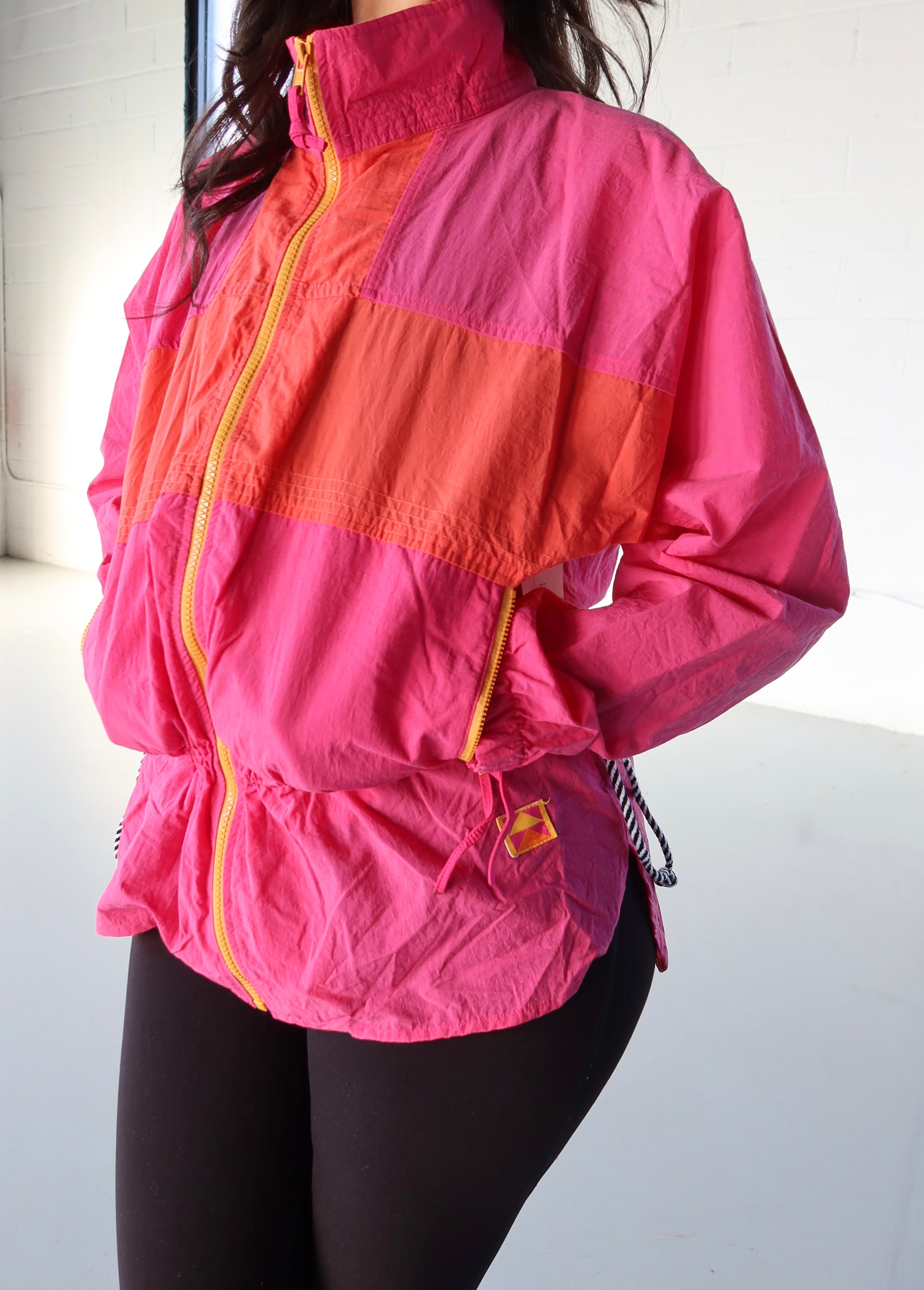 VINTAGE HIGH NECK PINK AND ORANGE COLOR BLOCK WINDBREAKER