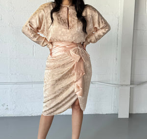 VINTAGE JACQUARD BLUSH PINK LONG SLEEVE DRESS - SIZE S