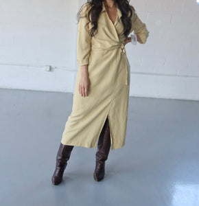 SILK/LINEN CREAM SHORT SLEEVE WRAP BUST DRESS - SIZE M/L