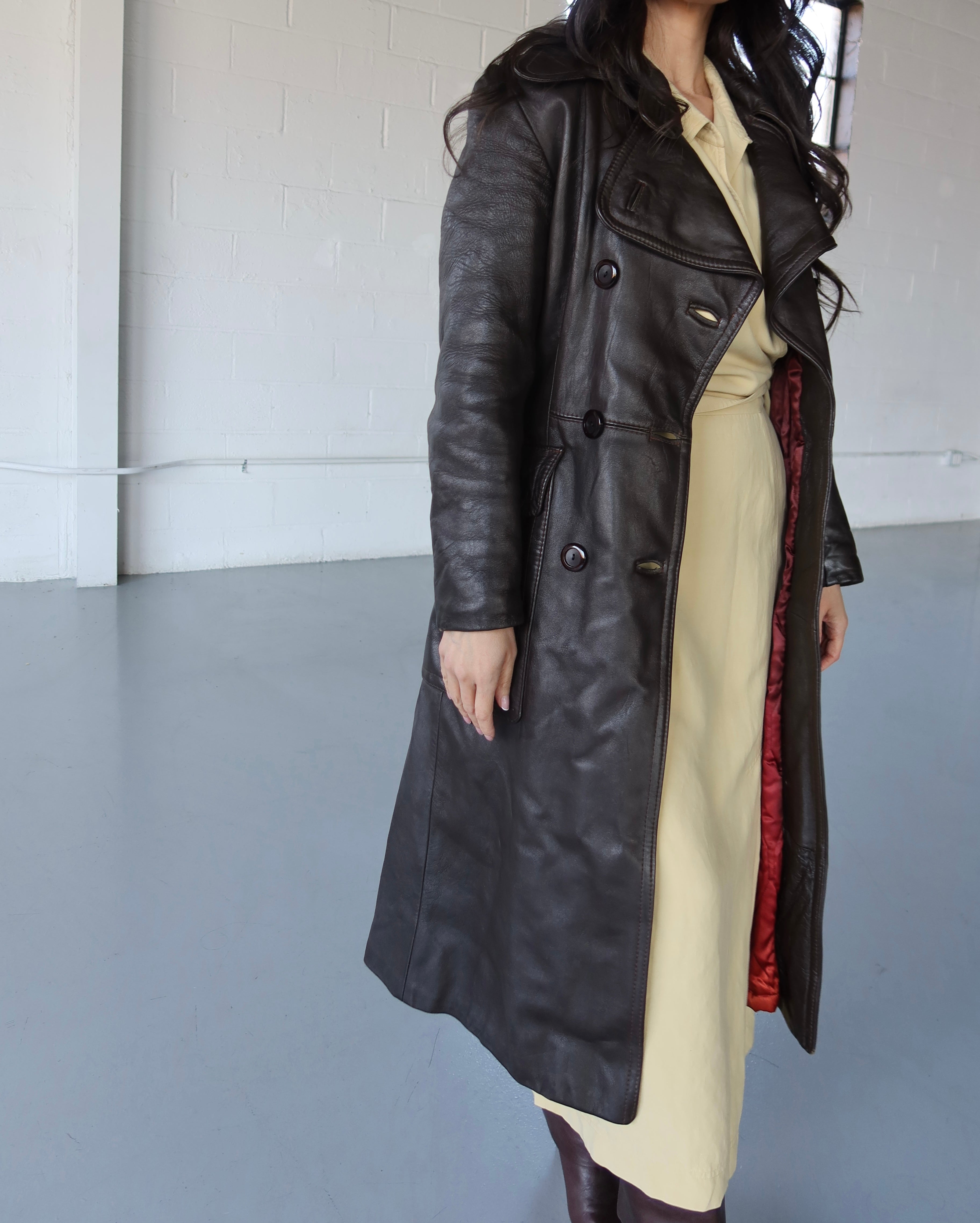 VINTAGE DARK CHOCOLATE LEATHER TRENCH LEATHER JACKET - SIZE XS