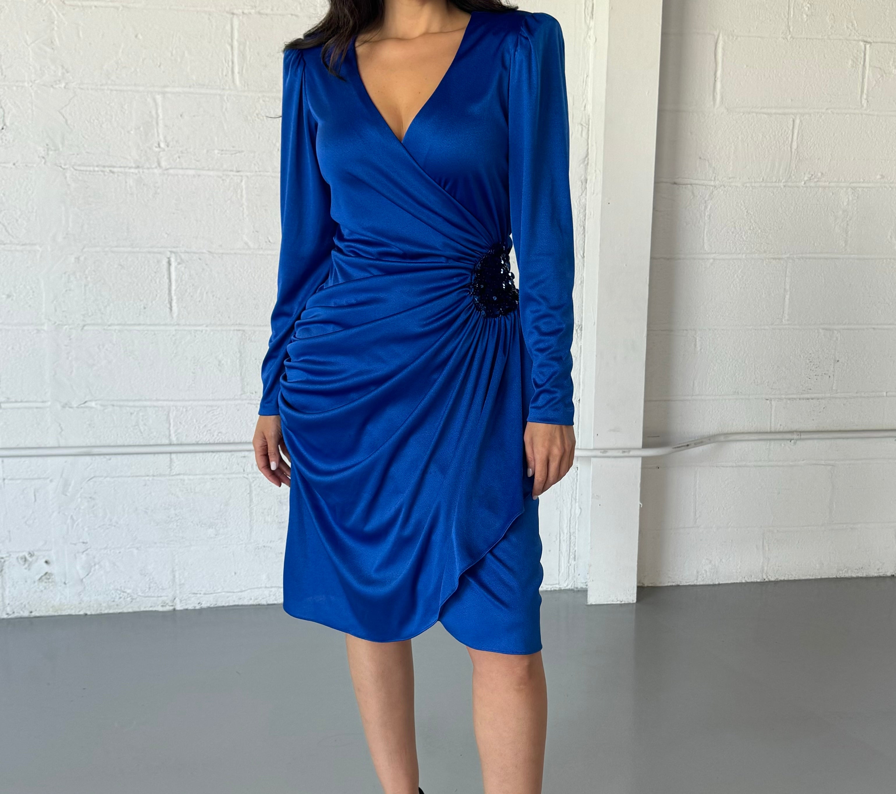 VINTAGE LONG SLEEVE COBALT BLUE WRAP DRESS