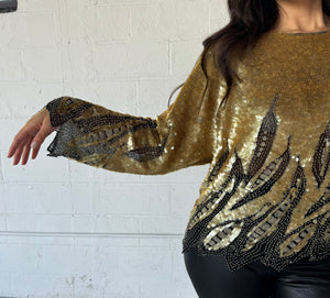 GOLD AND BLACK LONG SLEEVE SEQUINS BLOUSE - SIZE M