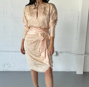 VINTAGE JACQUARD BLUSH PINK LONG SLEEVE DRESS - SIZE S