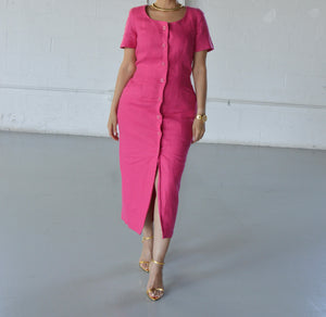 HOT PINK SHORT SLEEVE BUTTON FRONT DRESS - SIZE M Divine Culture HOT PINK SHORT SLEEVE BUTTON FRONT DRESS - SIZE M Divine Culture