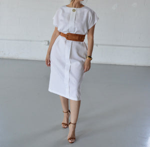 VINTAGE WHITE LINEN BLEND SHAFT DRESS - SIZE M
