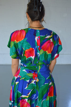 VINTAGE BOLD FLORAL PRINT CAP SLEEVE DRESS - SIZE M
