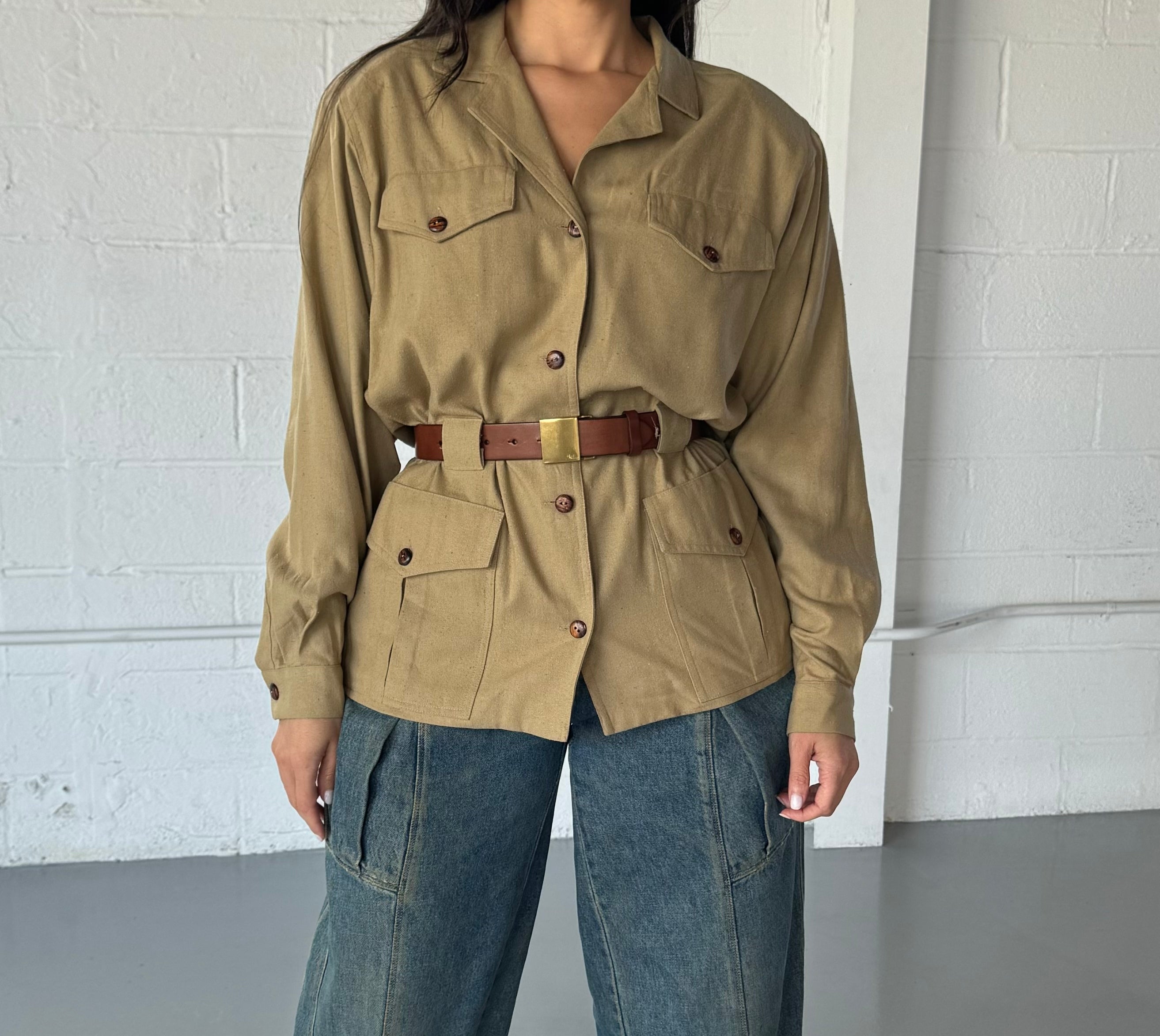 SILK LONG SLEEVE SAFARI STYLE BLOUSE - SIZE M