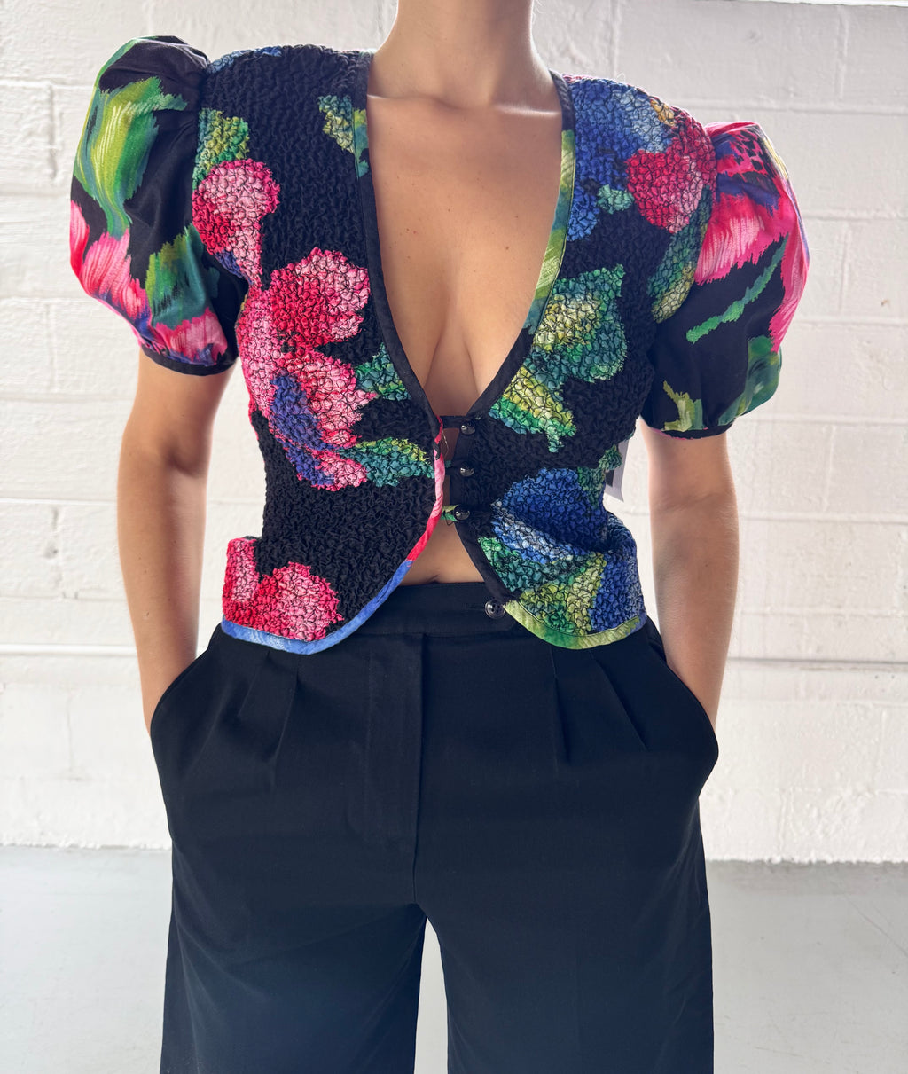 VINTAGE FLORAL BLOUSE WITH PUFF SLEEVE - SIZE M