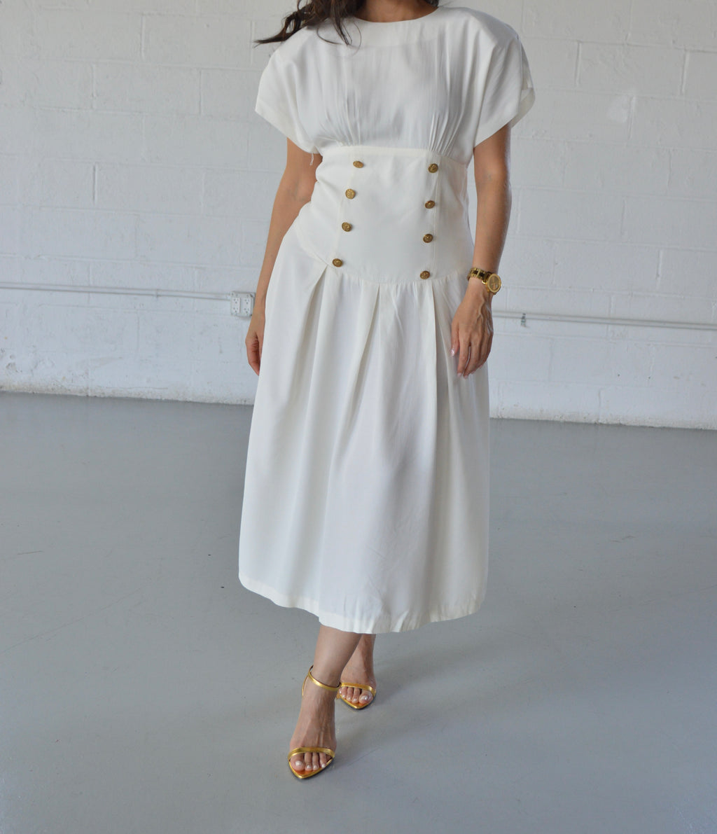 VINTAGE IVORY SHORT SLEEVE STRUCTURED MIDI DRESS - SIZE M