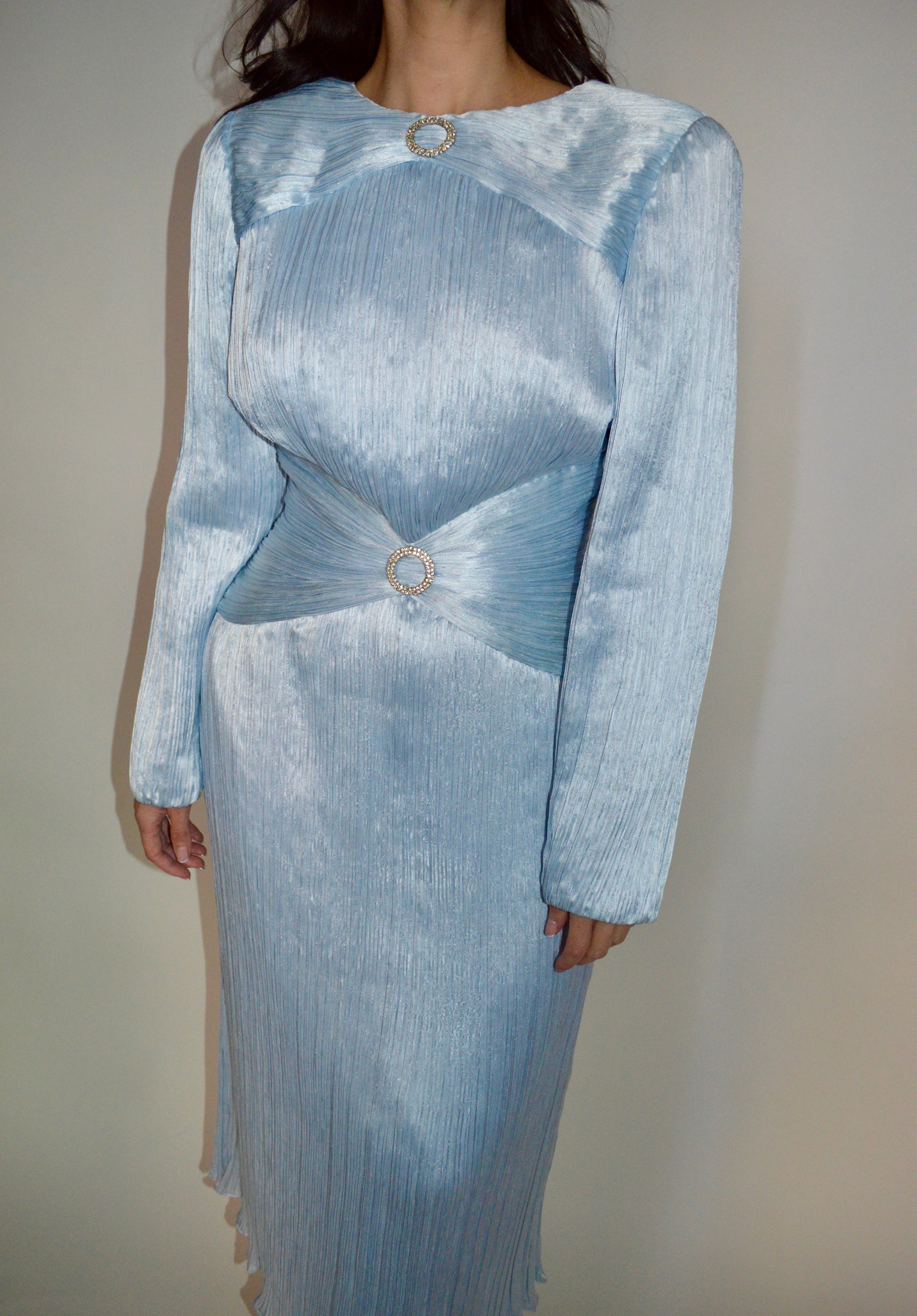 VINTAGE POWDER BLUE LONG SLEEVE FULLY PLEATED DRESS WITH WAIST DETAIL –  Divine Culture