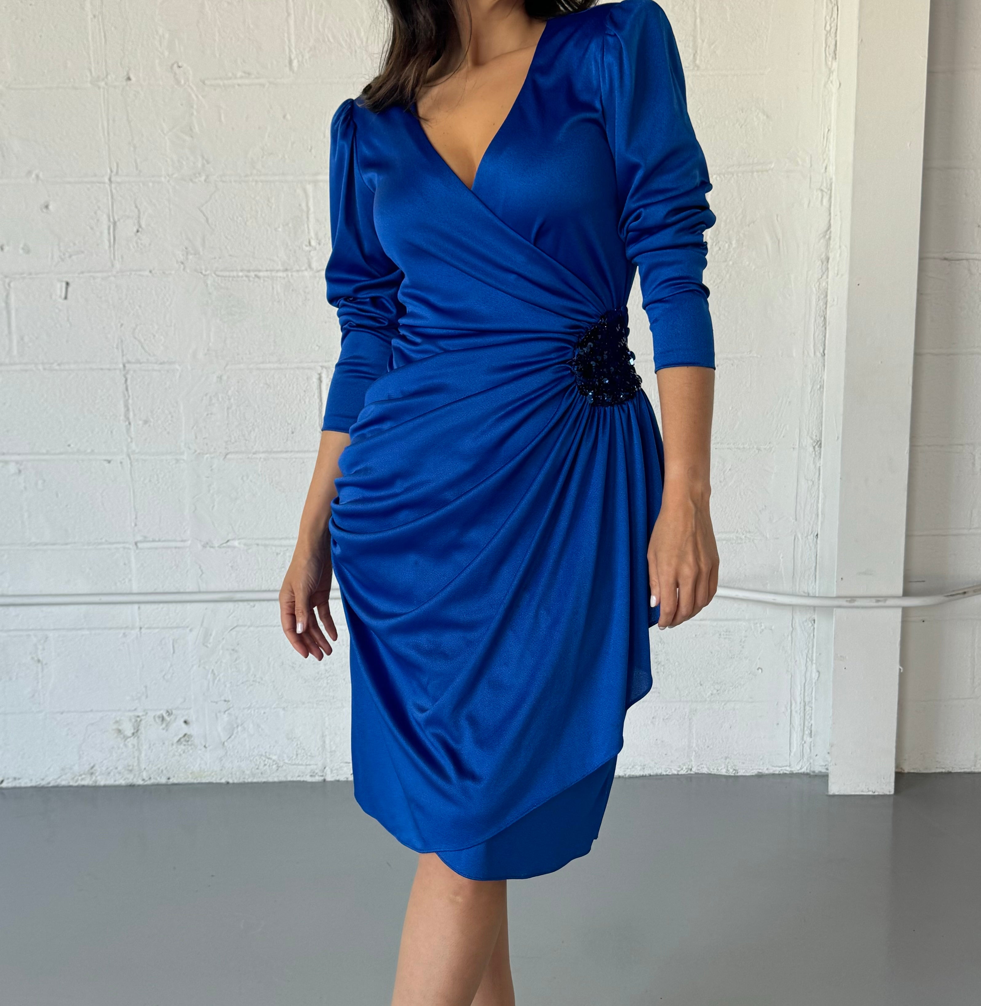cobalt blue long sleeve dress COBALT BLUE LONG SLEEVE TRAPEZOID NECKLINE BODYCON FULL DRESS | CULT MIA