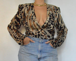 VINTAGE PRINTED WRAP SKIRT AND CROP LONG SLEEVE WRAP TOP SET - SIZE S
