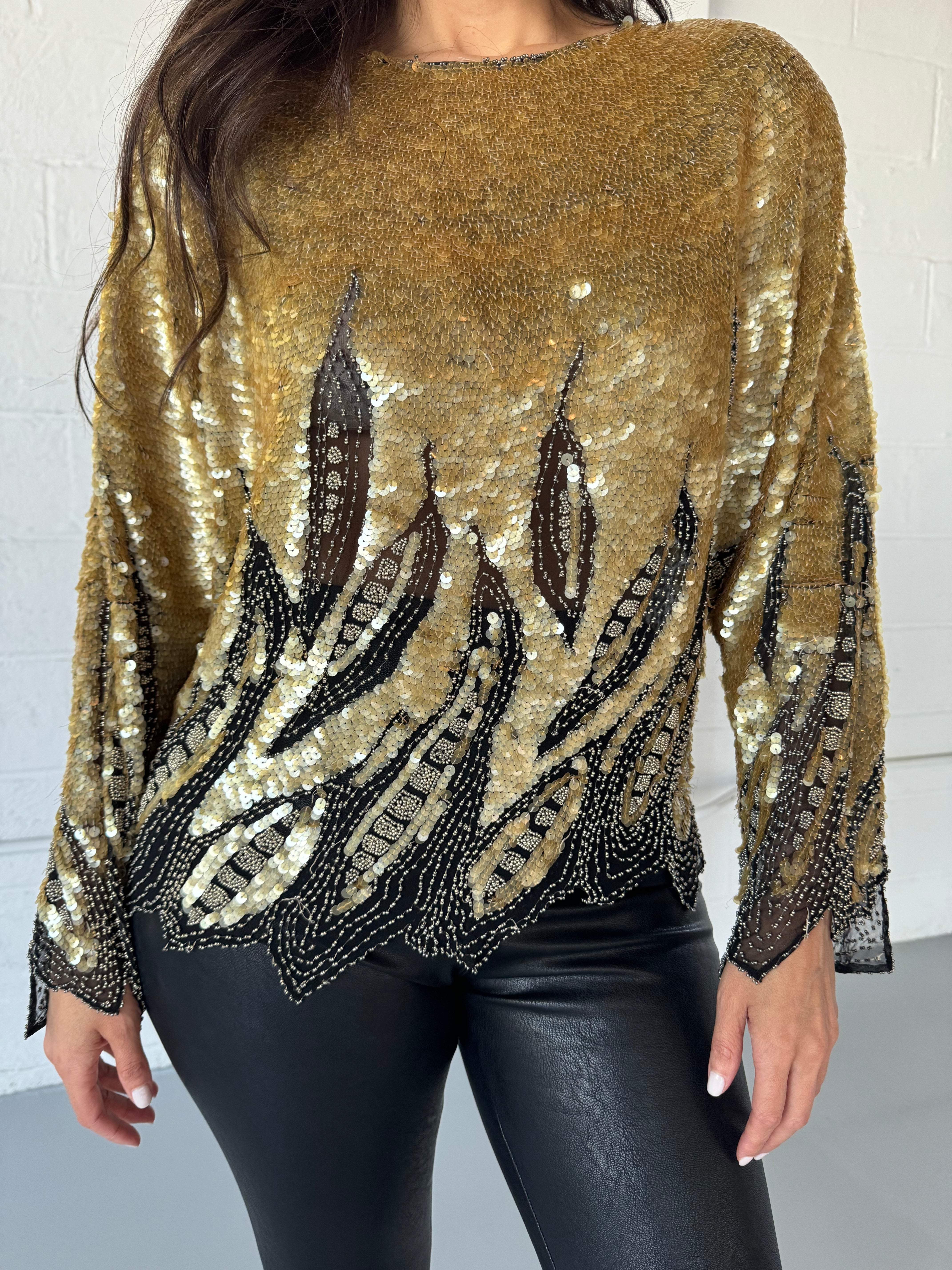 GOLD AND BLACK LONG SLEEVE SEQUINS BLOUSE - SIZE M