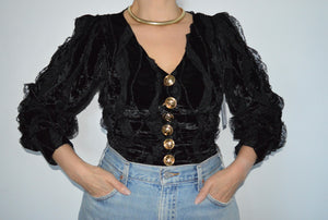 VINTAGE BLACK LACE AND VELVET DETAIL TOP WITH GOLD BUTTONS - SIZE S
