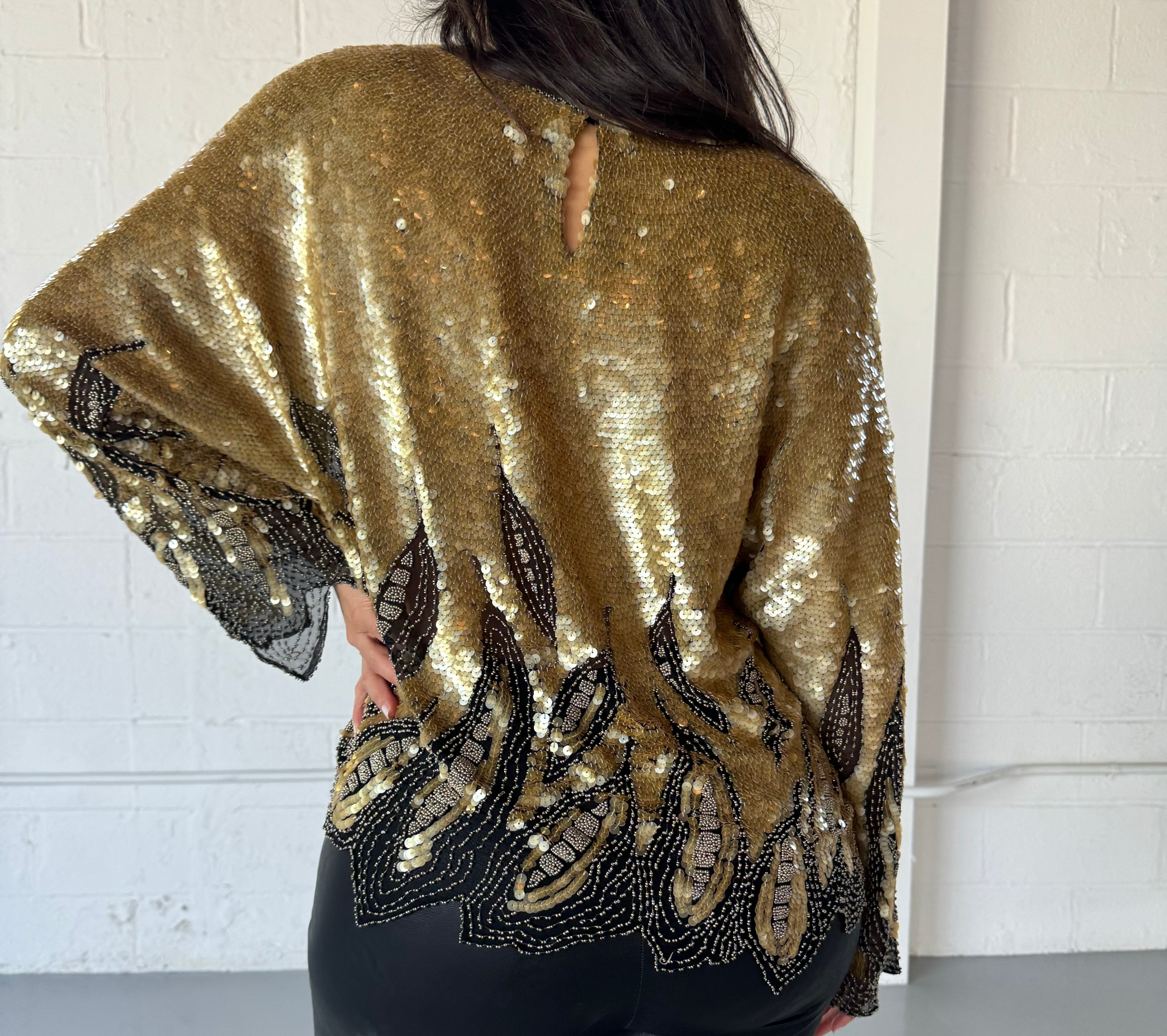 GOLD AND BLACK LONG SLEEVE SEQUINS BLOUSE - SIZE M