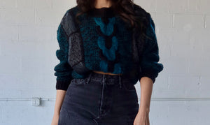 VINTAGE MEN'S KNIT SWEATER IN BLACK AND SEA GREEN - SIZE M