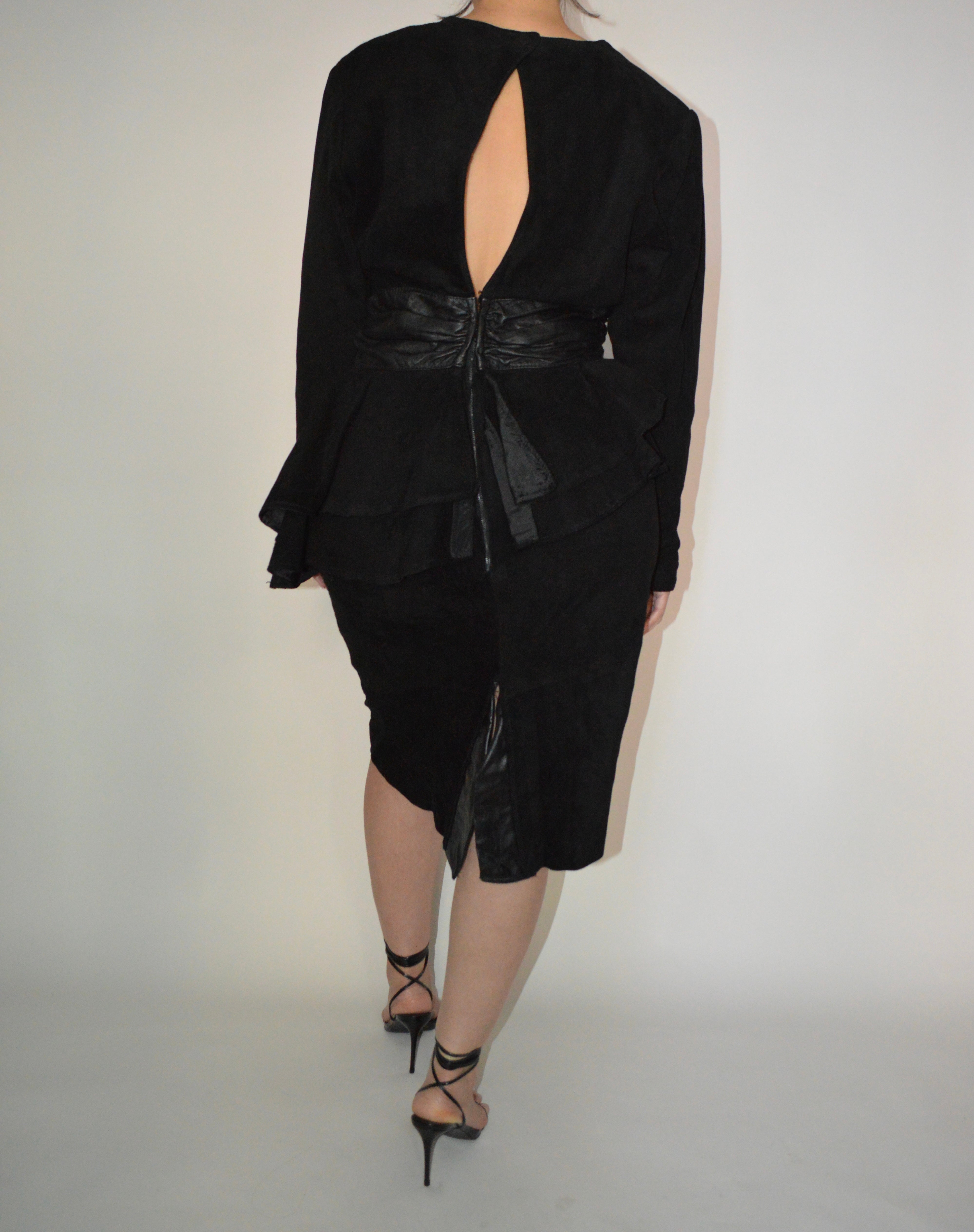 VINTAGE LONG SLEEVE SUEDE AND WITH LEATHER DETAIL MIDI PEPLUM DRESS