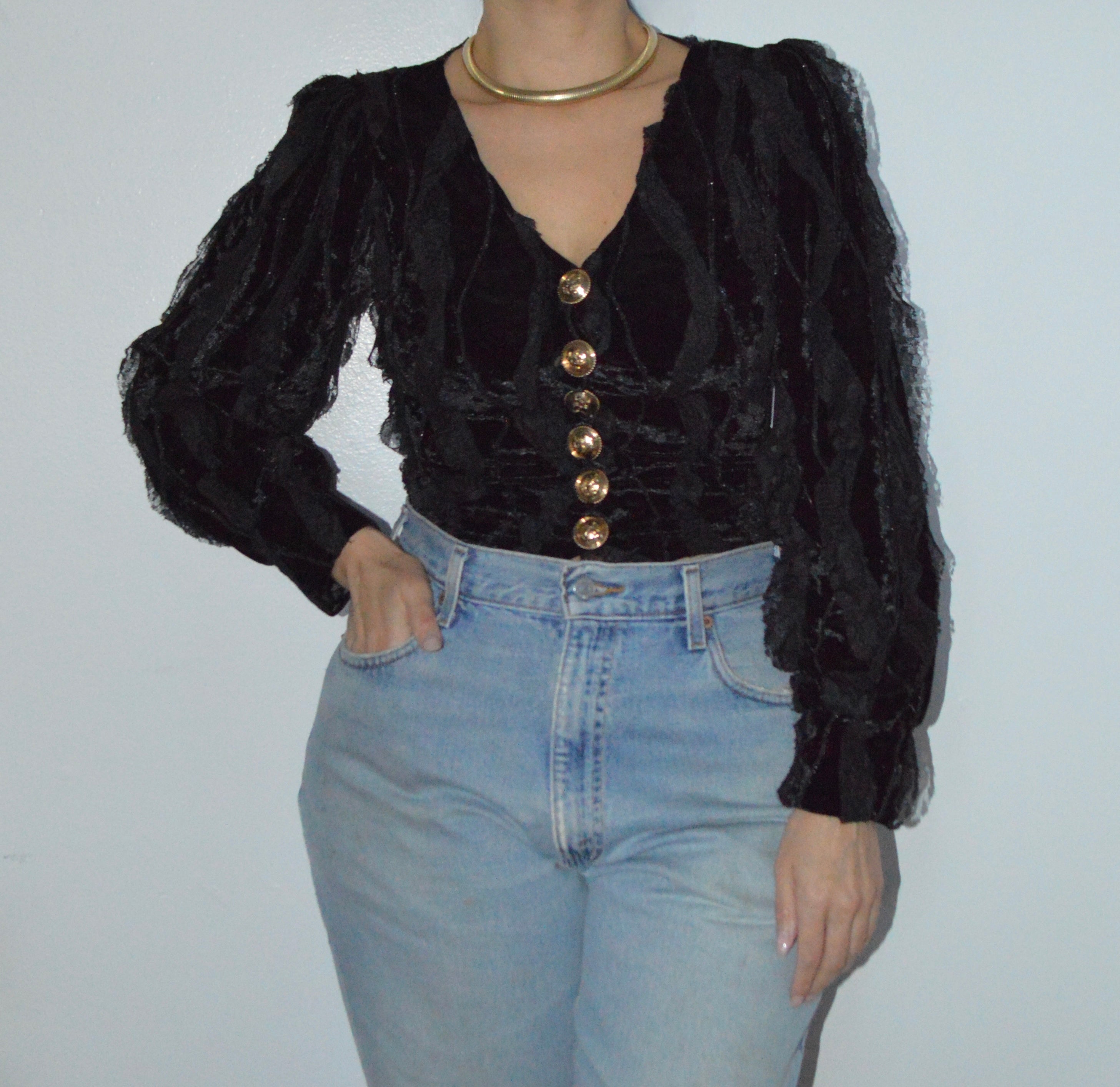 VINTAGE BLACK LACE AND VELVET DETAIL TOP WITH GOLD BUTTONS - SIZE S