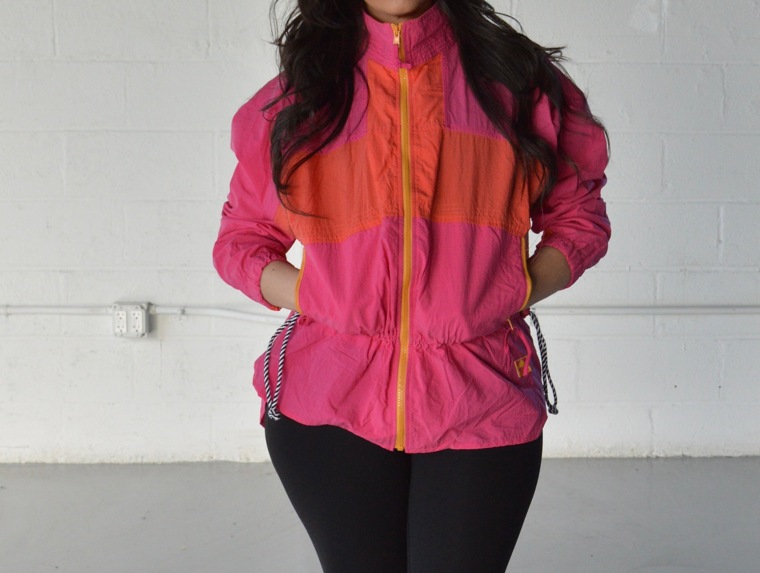 VINTAGE HIGH NECK PINK AND ORANGE COLOR BLOCK WINDBREAKER