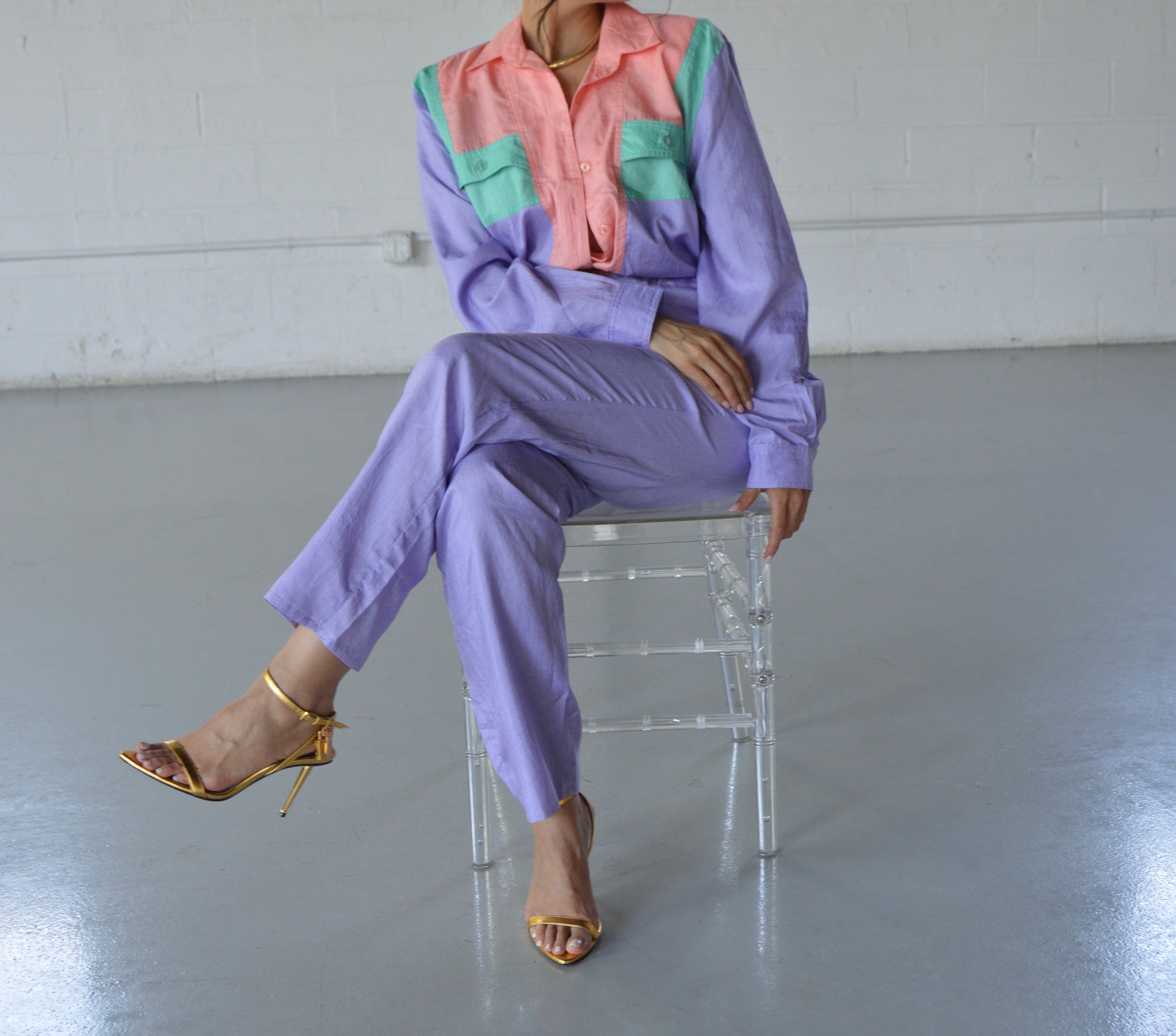 NYLON COLOR-BLOCK LONG SLEEVE JUMPSUIT- SIZE S