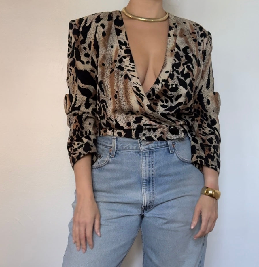 VINTAGE PRINTED WRAP SKIRT AND CROP LONG SLEEVE WRAP TOP SET - SIZE S