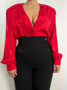 VINTAGE SCARLET RED PRINTED JACQUARD BUTTON DOWN BLOUSE - SIZE XL