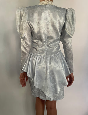 VINTAGE CUSTOM ICE BLUE JACQUARD PRINTED VICTORIAN MINI DRESS - SIZE S