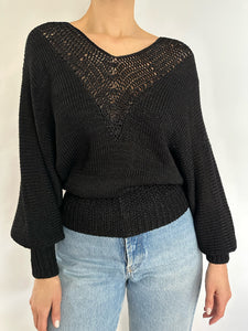 BLACK V-NECK PUFF SLEEVE KNIT SWEATER - SIZE S