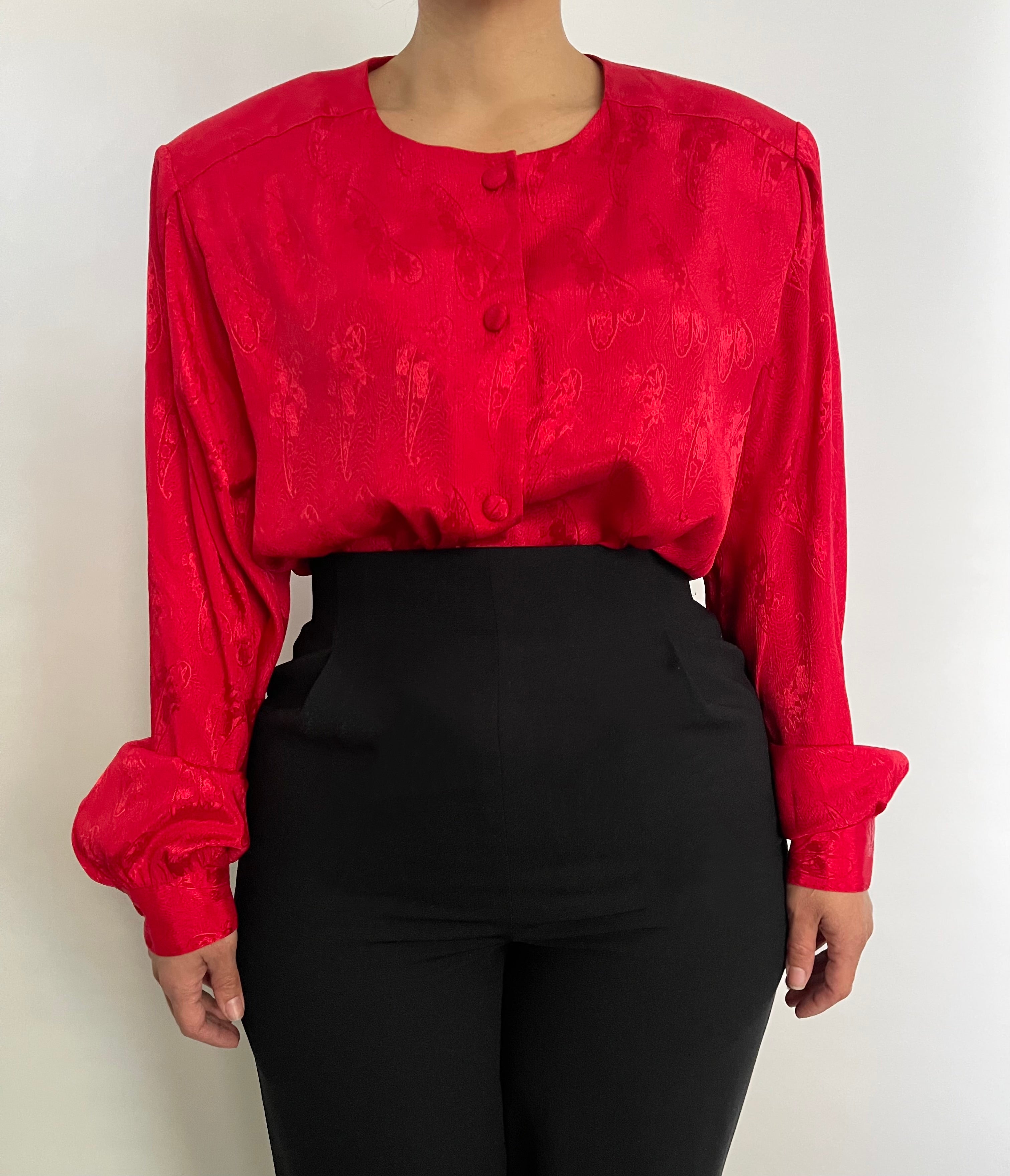 VINTAGE SCARLET RED PRINTED JACQUARD BUTTON DOWN BLOUSE - SIZE XL