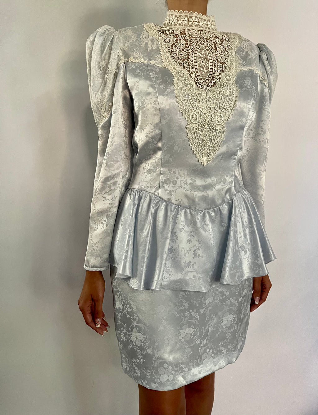 VINTAGE CUSTOM ICE BLUE JACQUARD PRINTED VICTORIAN MINI DRESS - SIZE S