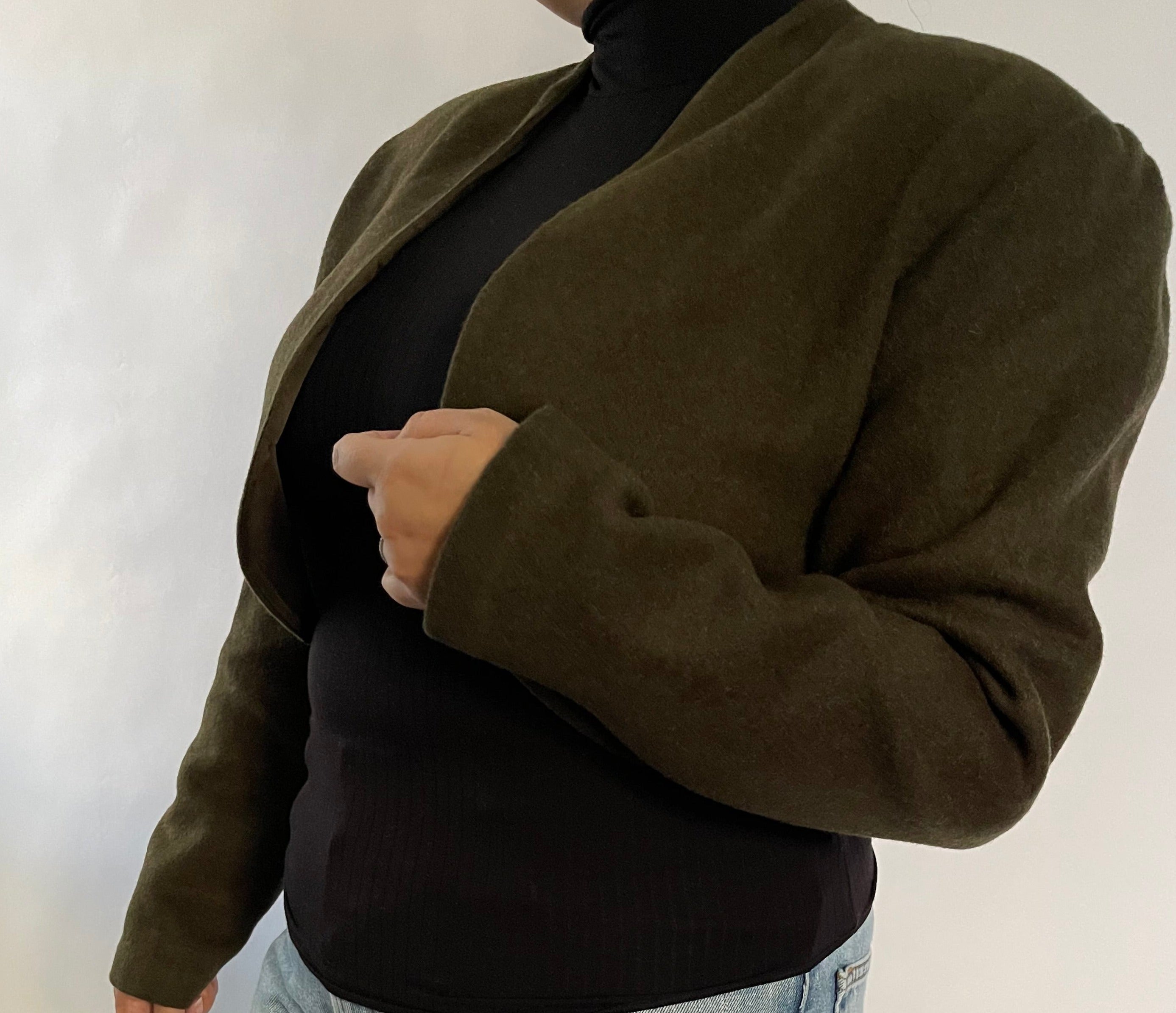 WOOL OLIVE GREEN CROP BOLERO JACKET - SIZE L/XL