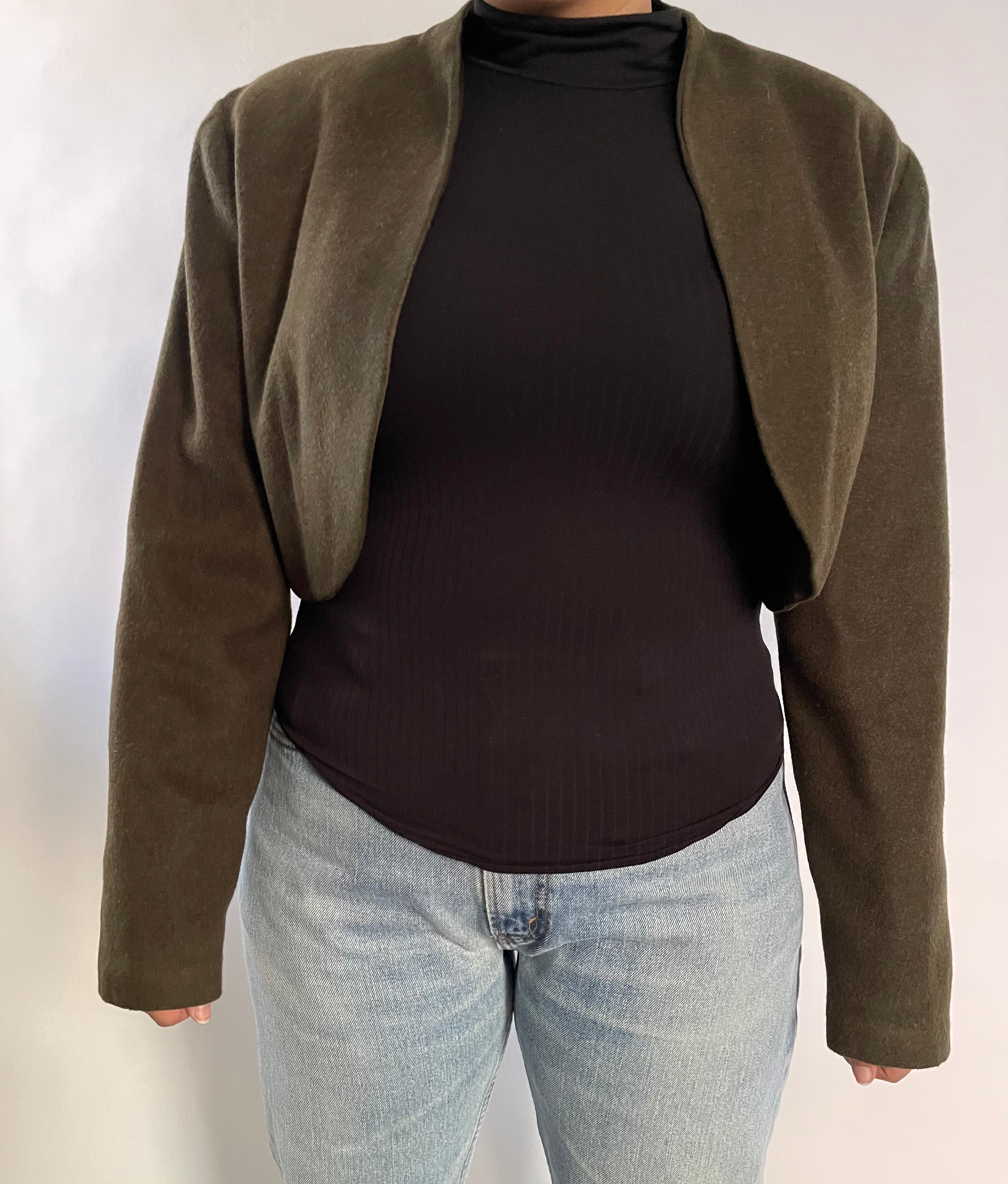 WOOL OLIVE GREEN CROP BOLERO JACKET - SIZE L/XL