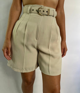 TAN HIGH WAISTED SELF BELTED SHORTS - SIZE S