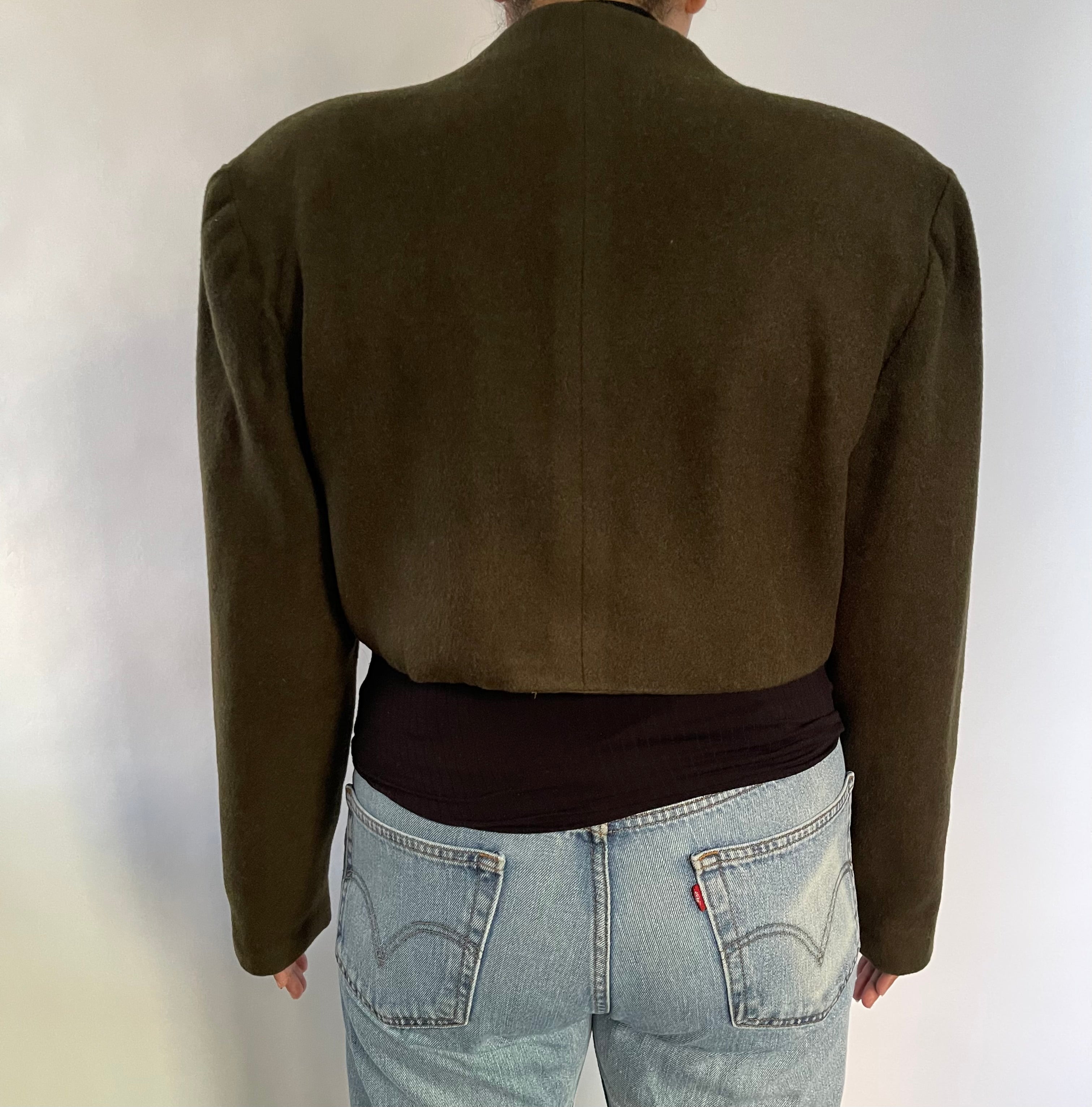 WOOL OLIVE GREEN CROP BOLERO JACKET - SIZE L/XL