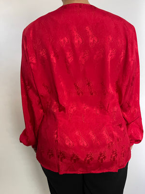 VINTAGE SCARLET RED PRINTED JACQUARD BUTTON DOWN BLOUSE - SIZE XL