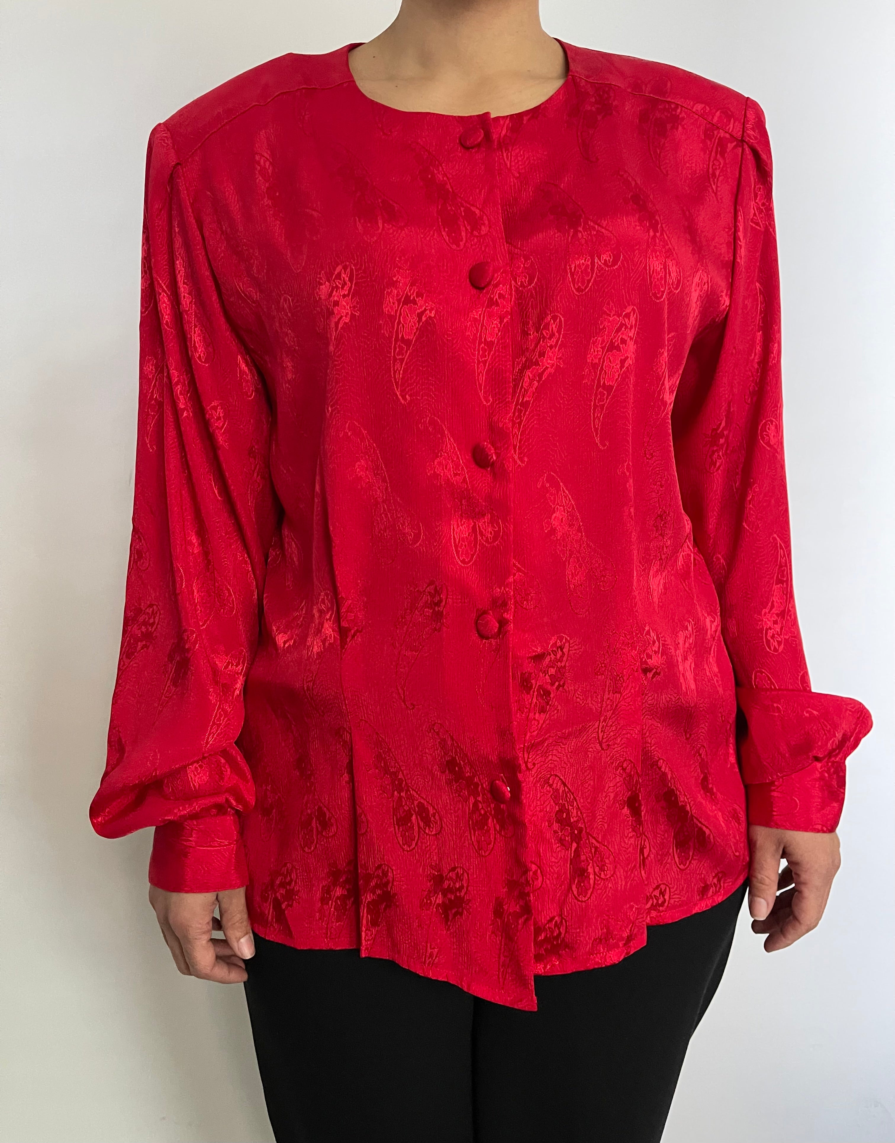 VINTAGE SCARLET RED PRINTED JACQUARD BUTTON DOWN BLOUSE - SIZE XL