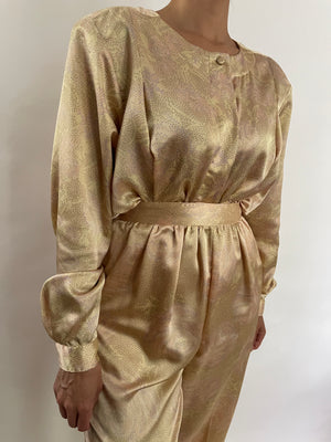 VINTAGE CREAM JACQUARD BLOUSE AND PANT SET - SIZE XS/S