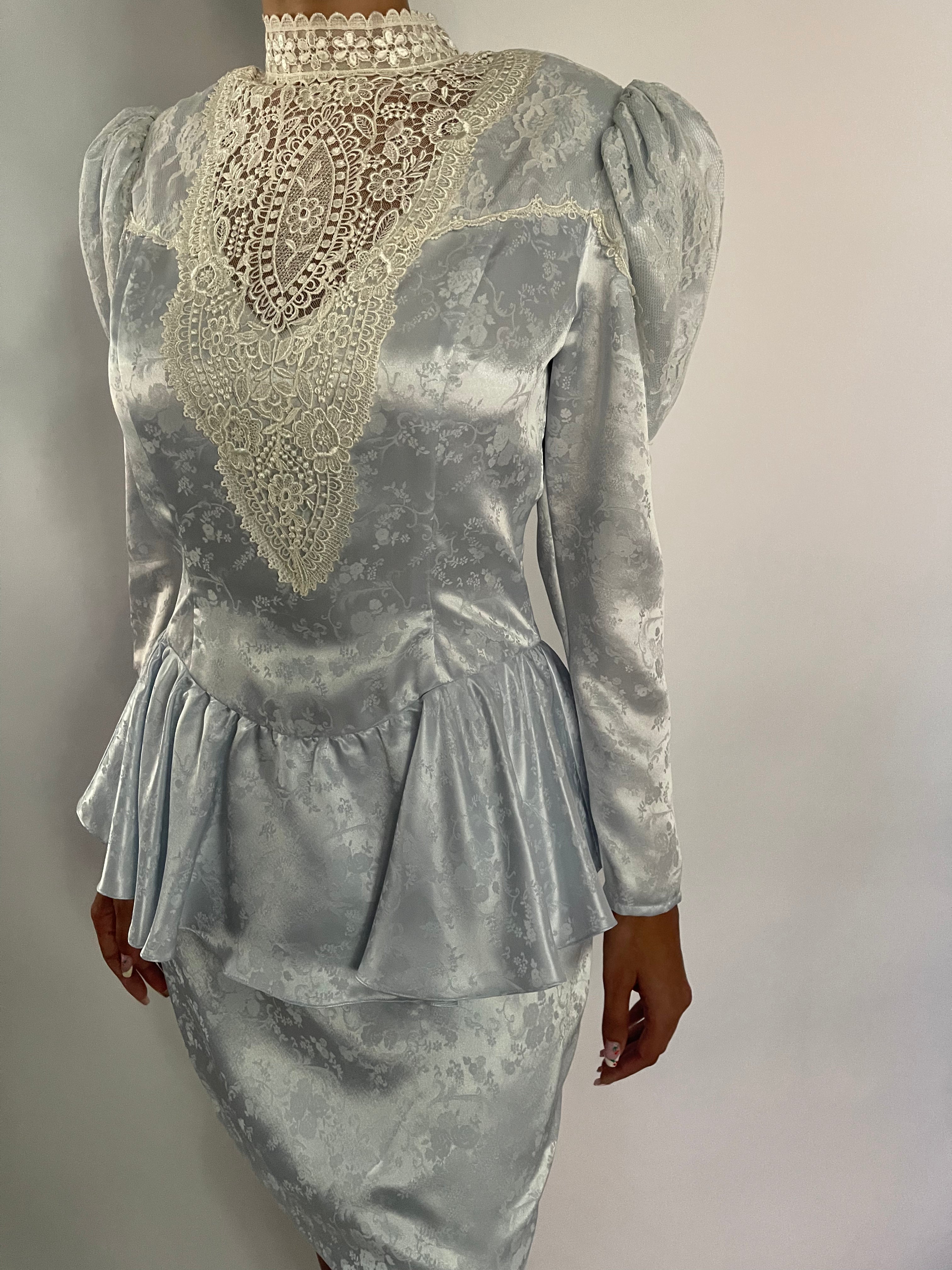 VINTAGE CUSTOM ICE BLUE JACQUARD PRINTED VICTORIAN MINI DRESS - SIZE S