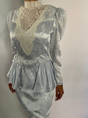 VINTAGE CUSTOM ICE BLUE JACQUARD PRINTED VICTORIAN MINI DRESS - SIZE S