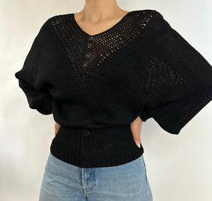 BLACK V-NECK PUFF SLEEVE KNIT SWEATER - SIZE S