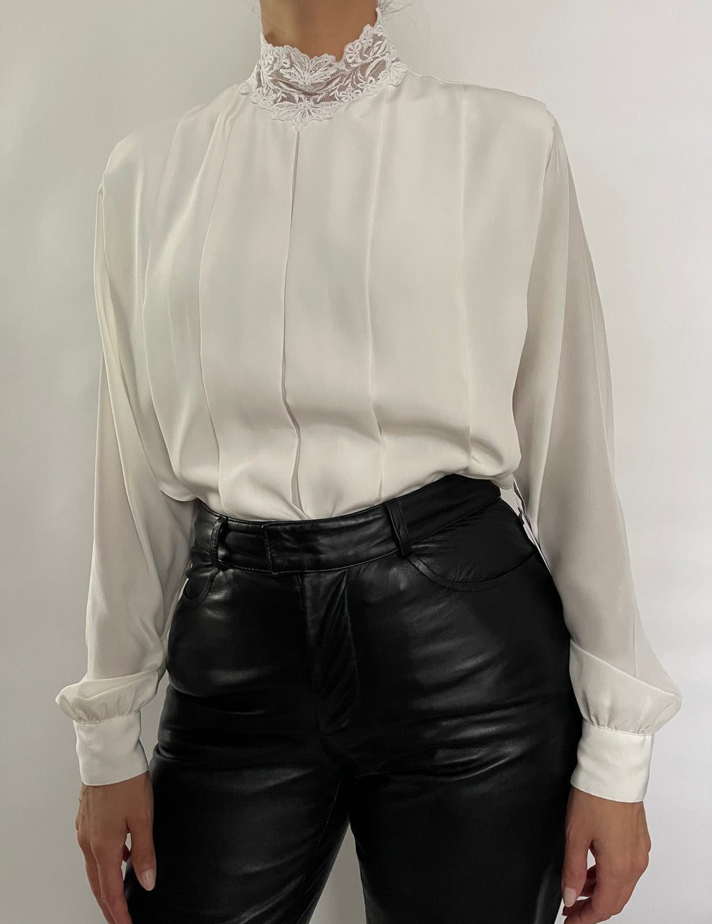 IVORY LACE NECKLINE DETAIL PLEAT BLOUSE - SIZE M