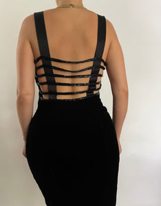 VINTAGE BLACK VELVET MINI COCKTAIL DRESS WITH EMBROIDERY DETAIL - SIZE S