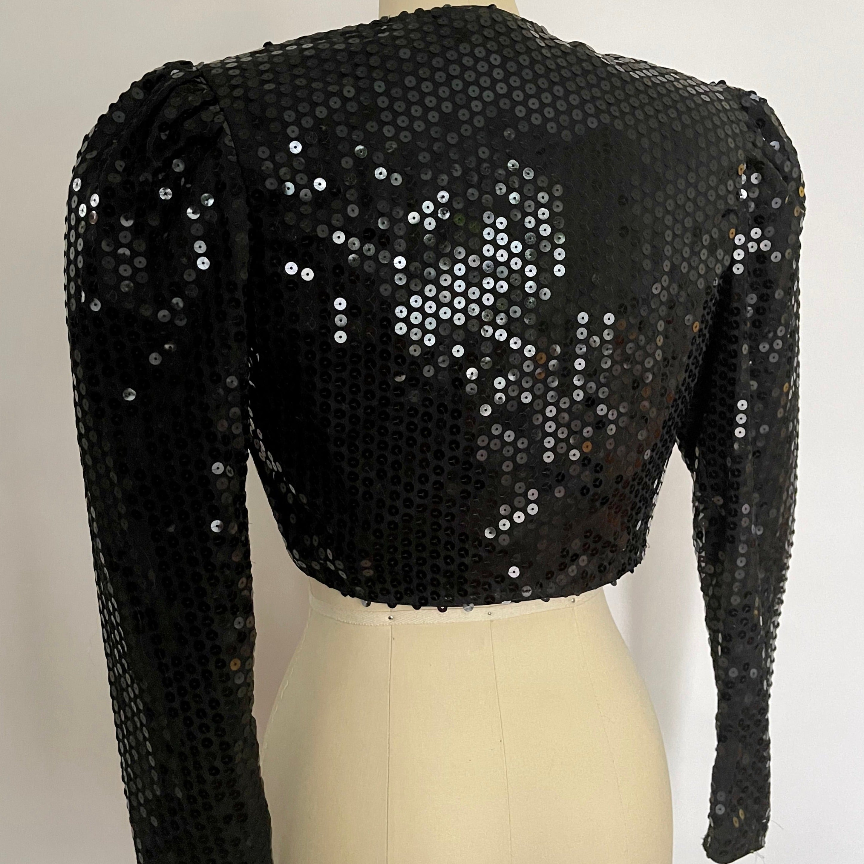 VINTAGE BLACK SEQUIN OPEN CROP TOP JACKET - SIZE S
